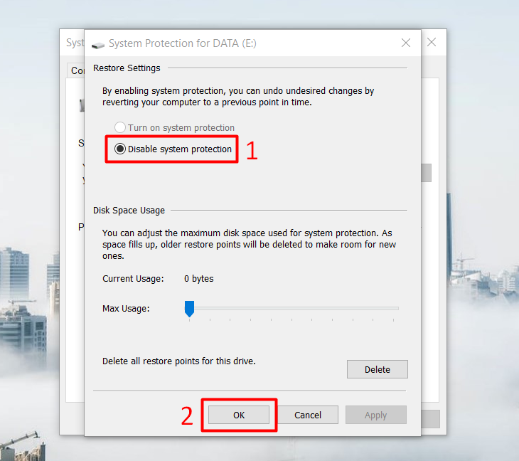 Bước 3: Bạn chọn Disable system protection để tắt chức năng System Restore nhé, rồi nhấn OK.