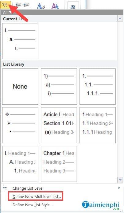 Chọn chữ số La Mã trong Word 2003