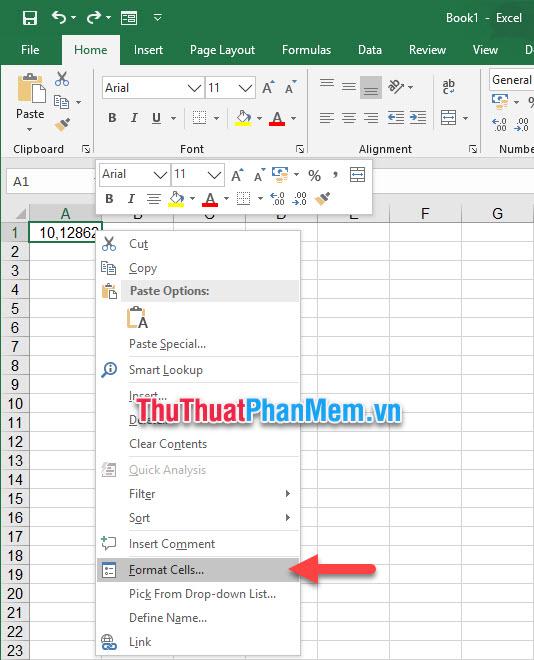 Chọn Format Cell trong danh sách tùy chọn hiển thị