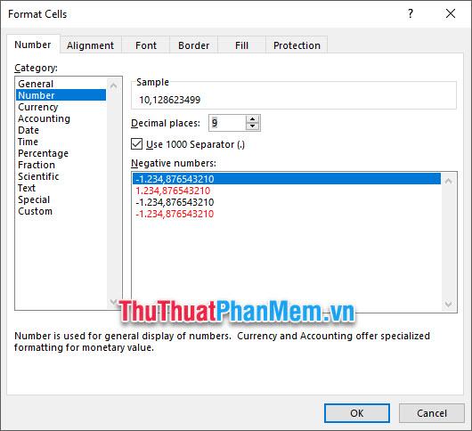 Chọn Number trong mục Category rồi điền số con số phía sau dấu phẩy thập phân muốn hiển thị