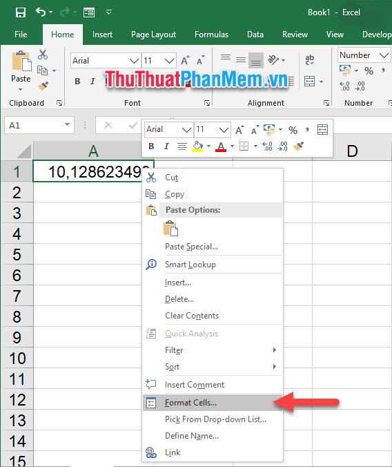 Click chuột phải vào ô dữ liệu, sau đó chọn Format Cell trong danh sách tùy chọn vừa hiển thị