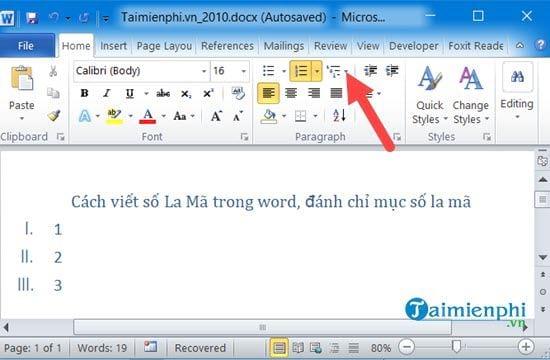 Đánh số La Mã trong Word 2010, 2007
