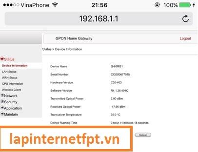 Giao diện đổi mật khẩu wifi Fpt