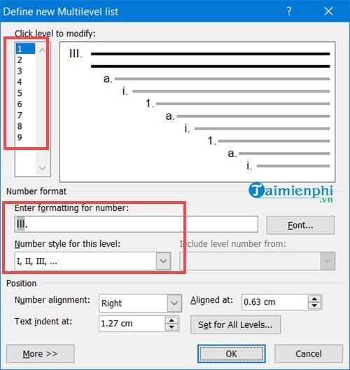 Kết quả đánh số La Mã trong Word 2003