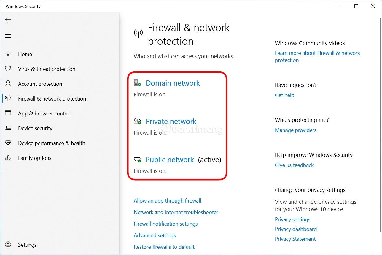 Nhấp vào Domain network, Private network và Public network