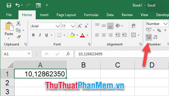 Sử dụng chức năng Increase Decimal hoặc Decrease Decimal trong nhóm Numbe