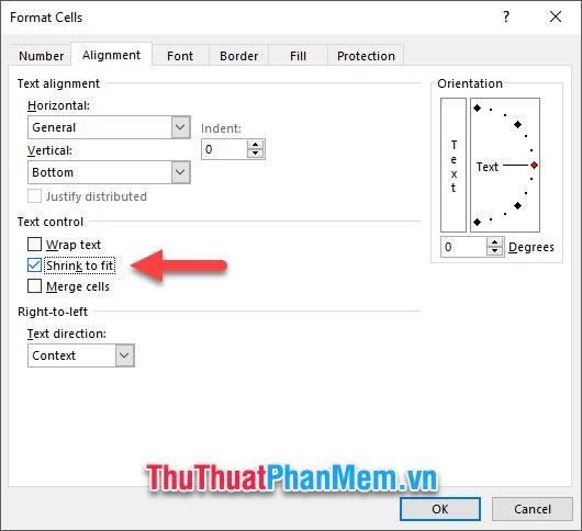 Tích vào dòng Shrink to fit trong phần Text Control