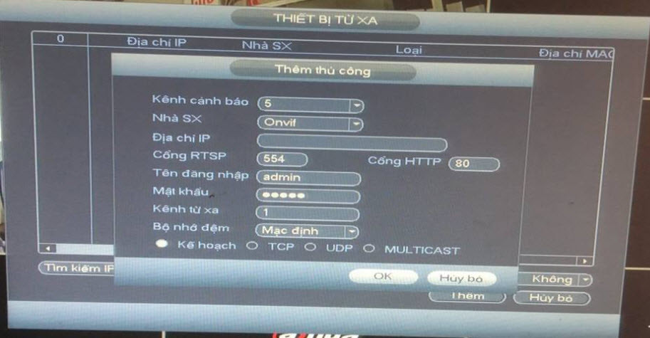 Biểu mẫu thêm Camera IP chuẩn ONVIF vào đầu ghi Dahua với các trường địa chỉ IP, RTSP và tài khoản truy cập