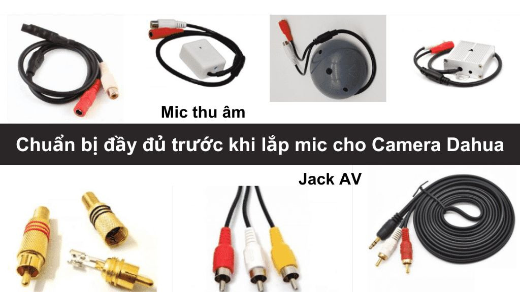 Bộ dụng cụ lắp mic ngoài cho hệ thống camera Dahua: mic, đầu ghi, dây AV, nguồn 12V