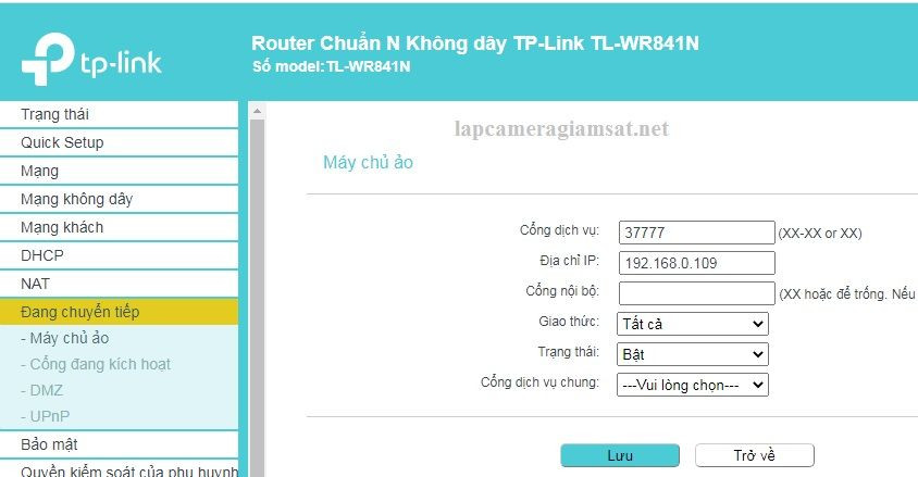 Cấu hình chuyển tiếp cổng 37777 trên TP-Link 841 tới IP đầu ghi Dahua