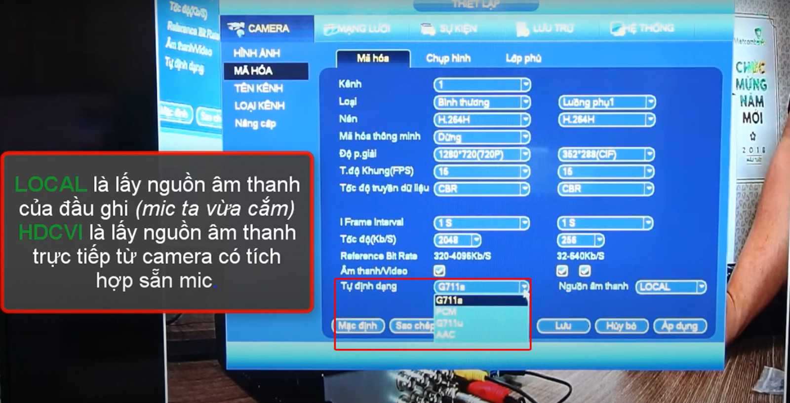 Chọn định dạng PCM trong mục Tự định dạng để đảm bảo tương thích âm thanh Dahua