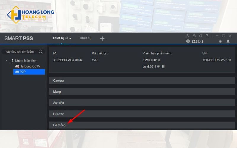 Chọn mục Hệ thống trong Smart PSS để truy cập quản trị