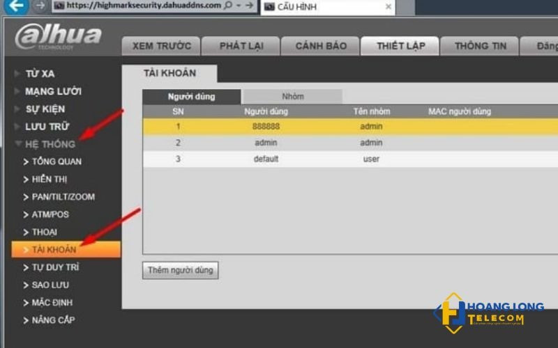 Đi tới Hệ thống -> Tài khoản để quản lý người dùng và mật khẩu
