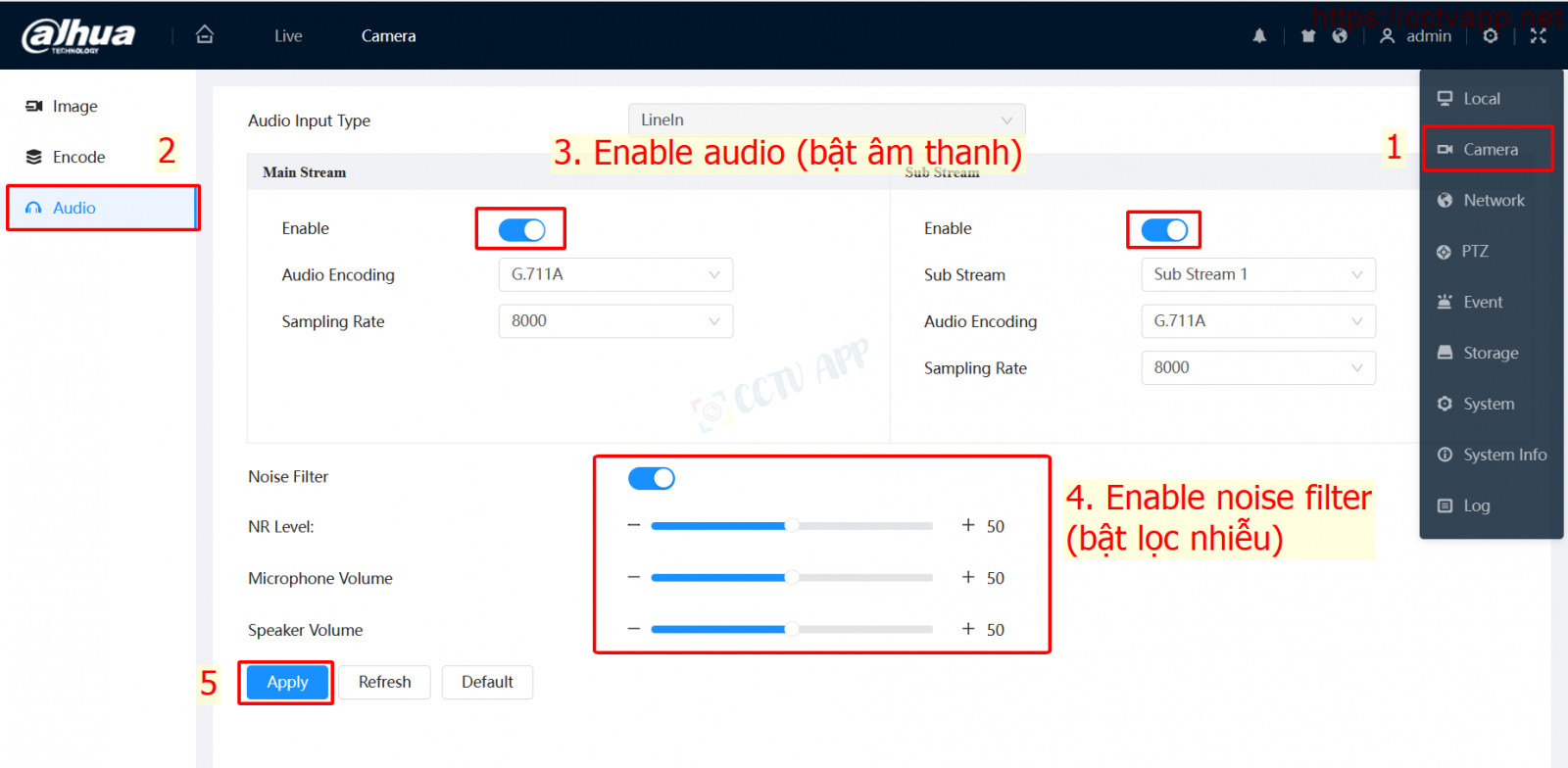 Giao diện Camera IP Dahua 5.0 bật âm thanh Main Stream và Sub Stream, tùy chỉnh NR và volume