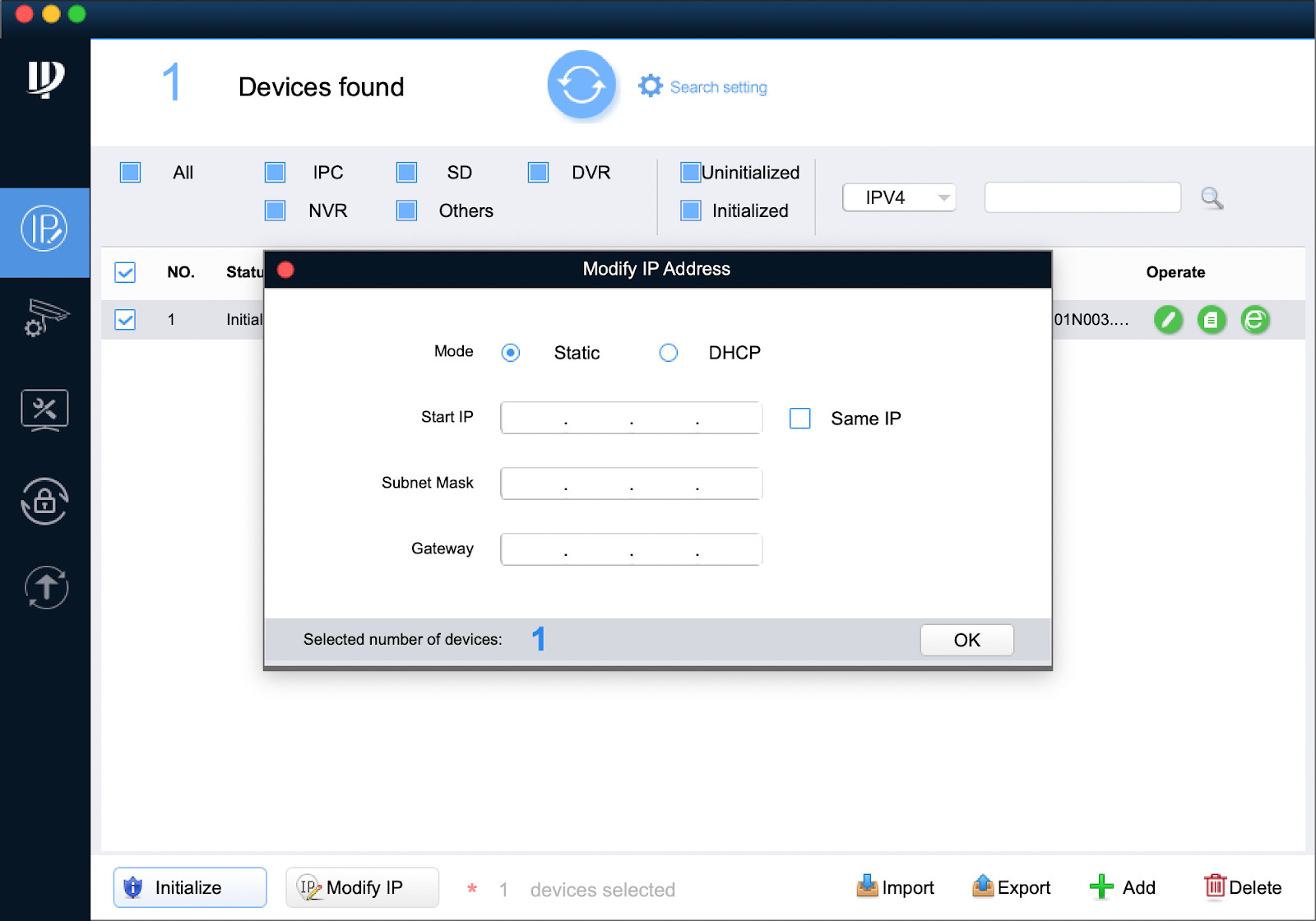 Màn hình Modify IP trong ConfigTool để chọn DHCP hoặc IP tĩnh