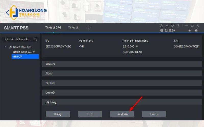 Mở mục Tài khoản để chỉnh sửa người dùng và mật khẩu trong Smart PSS