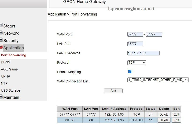 Mở port 37777 và 80 trên modem FPT trỏ về IP tĩnh của TP-Link để truy cập tên miền Dahua