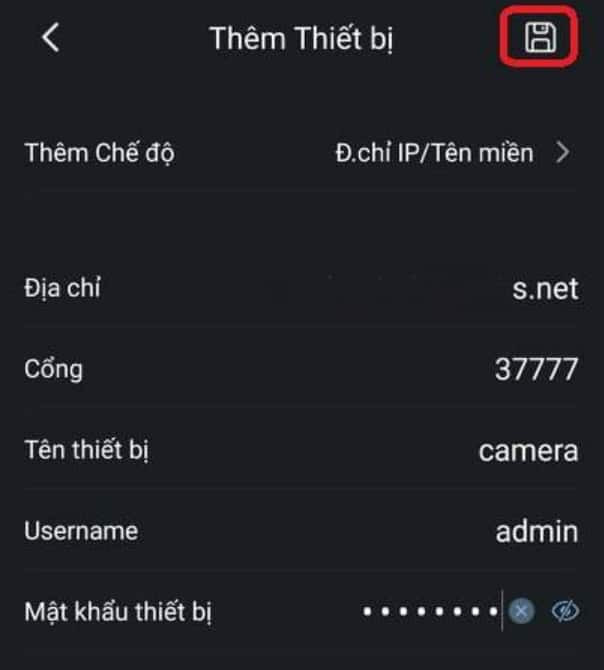 Nhập thông tin IP/Tên miền, đặt tên thiết bị và tài khoản admin trong DMSS