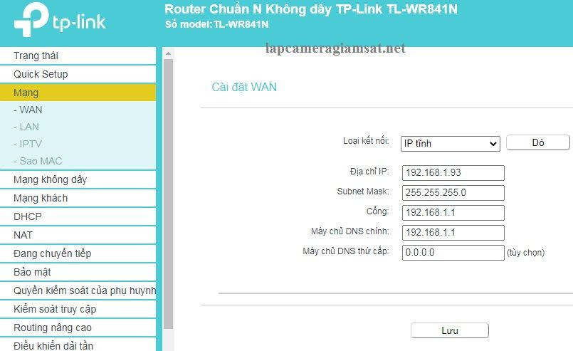 Thiết lập IP tĩnh cho bộ phát wifi TP-Link 841 để mở port camera Dahua qua 2 lớp mạng