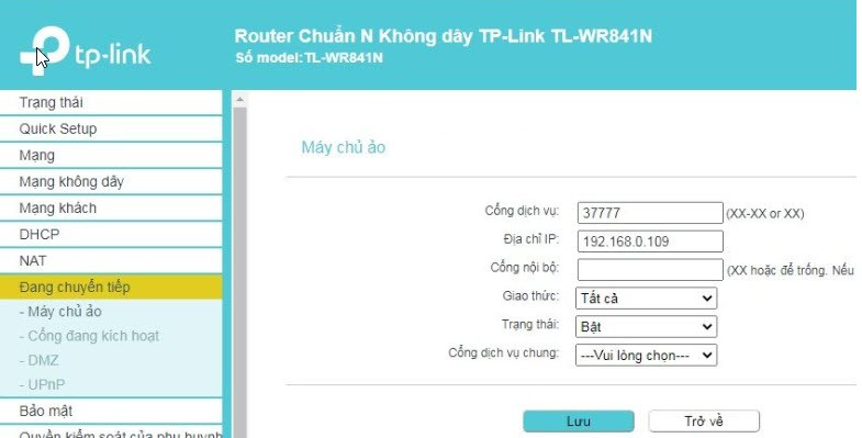 Ví dụ cấu hình NAT Port Forwarding trên TP-Link mở port 37777 tới đầu ghi Dahua