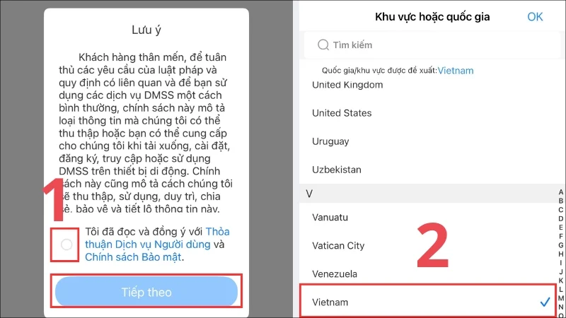 Đồng ý điều khoản sử dụng, chọn khu vực