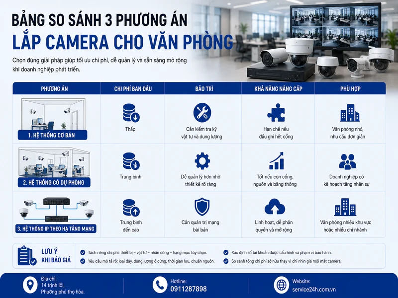 Bảng so sánh ba phương án lắp camera cho văn phòng