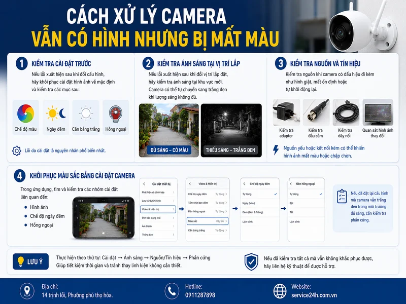 Cách xử lý camera vẫn có hình nhưng bị mất màu