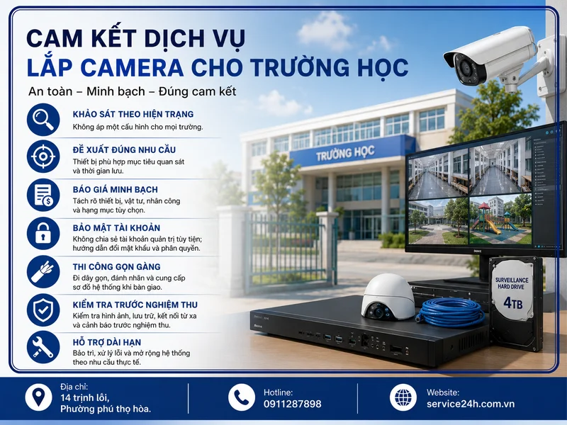 Cam kết dịch vụ lắp camera cho trường học và khu vực phục vụ