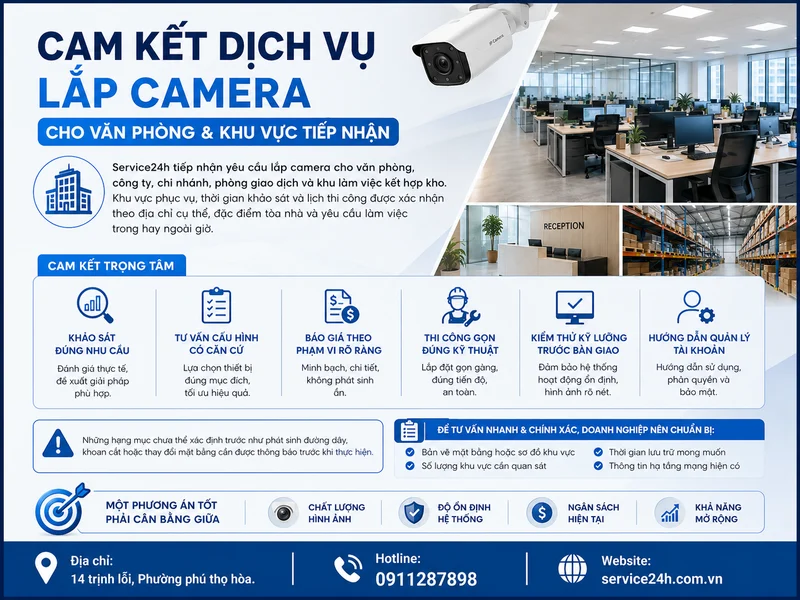 Cam kết dịch vụ lắp camera cho văn phòng và khu vực tiếp nhận