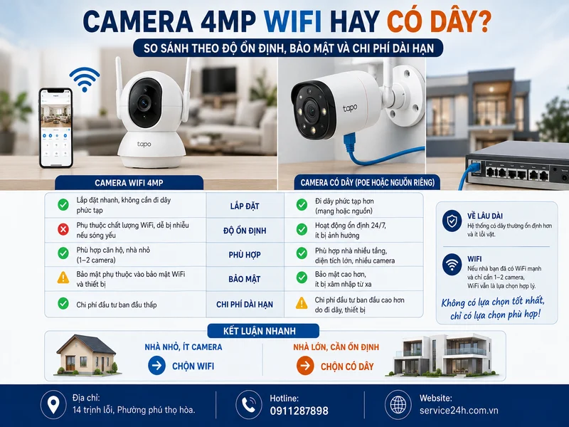 Camera 4MP WiFi hay có dây? So sánh theo độ ổn định, bảo mật và chi phí dài hạn