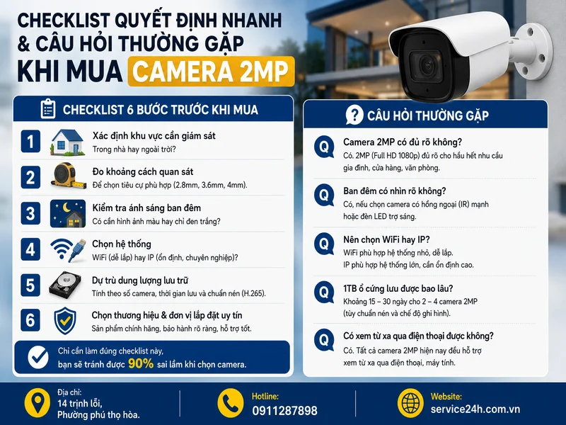 Checklist quyết định nhanh & câu hỏi thường gặp khi mua camera 2MP