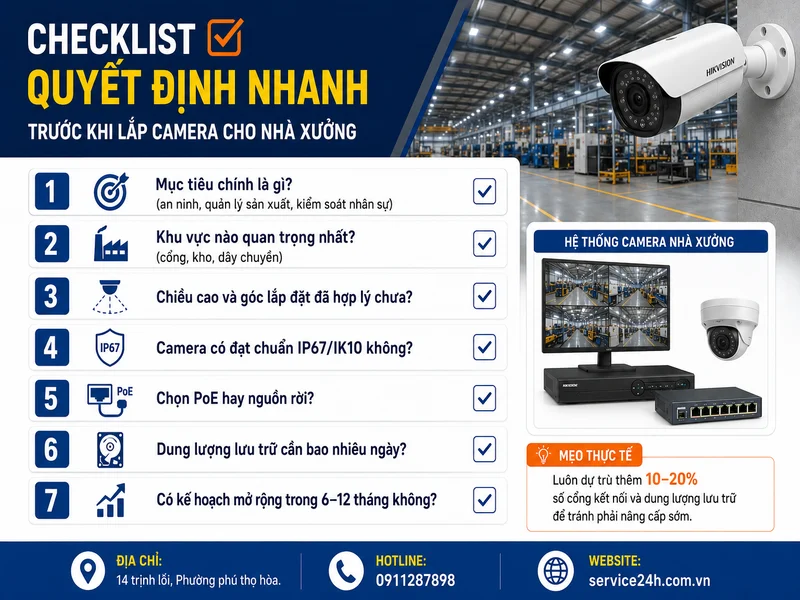 Checklist quyết định nhanh trước khi lắp camera cho nhà xưởng