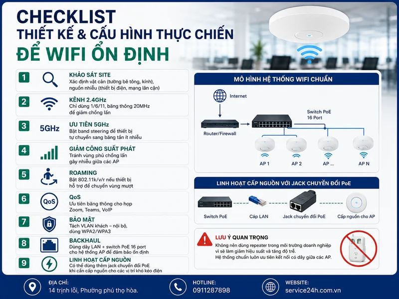 Checklist thiết kế & cấu hình thực chiến để WiFi ổn định
