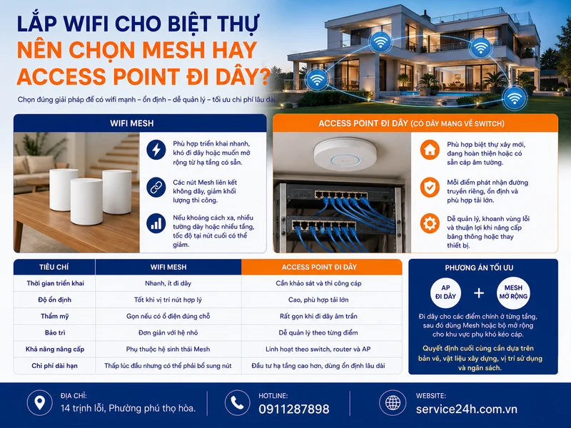 Lắp wifi cho biệt thự nên chọn Mesh hay Access Point đi dây?