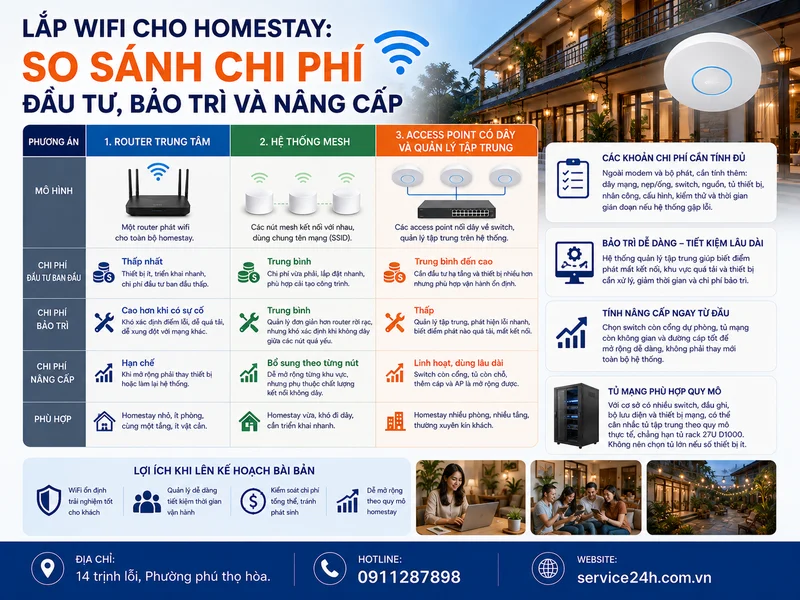 Lắp wifi cho homestay: so sánh chi phí đầu tư, bảo trì và nâng cấp