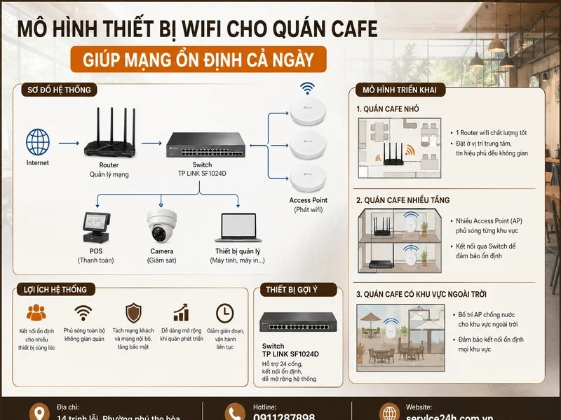 Mô hình thiết bị wifi cho quán cafe giúp mạng ổn định cả ngày