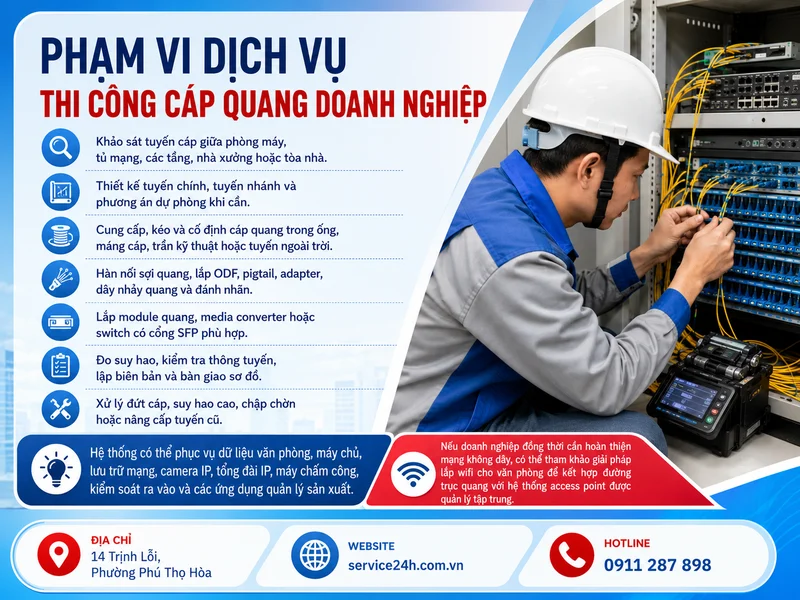 Phạm vi dịch vụ thi công cáp quang doanh nghiệp