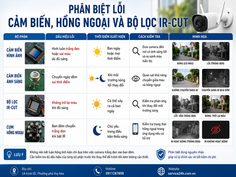 Phân biệt lỗi cảm biến, hồng ngoại và bộ lọc IR-cut