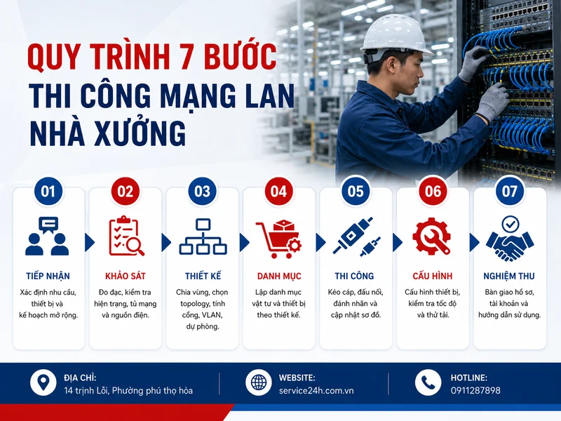 Quy trình 7 bước thi công mạng LAN nhà xưởng
