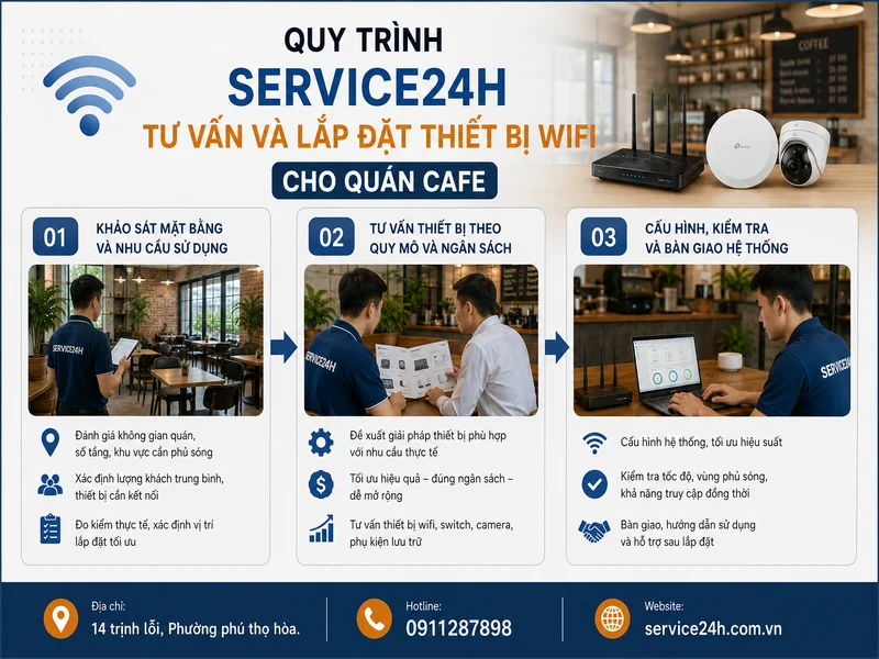 Quy trình Service24h tư vấn và lắp đặt thiết bị wifi cho quán cafe