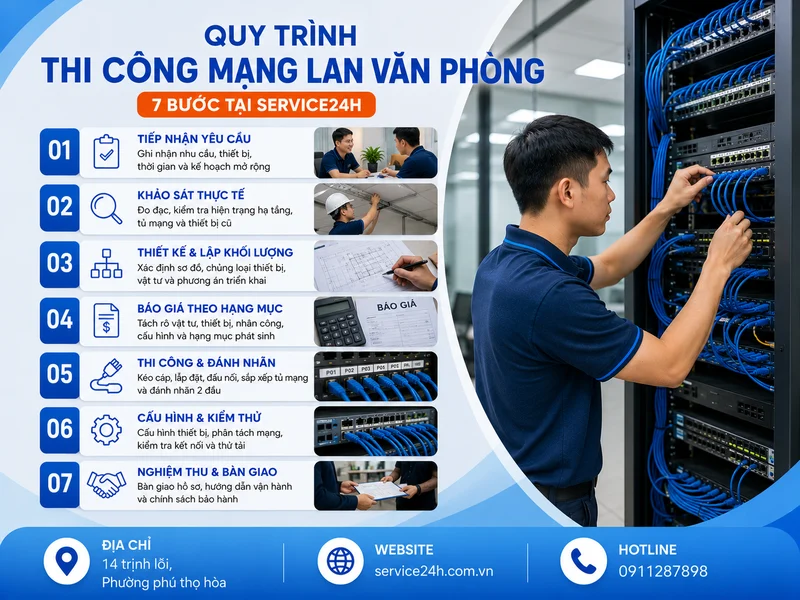 Quy trình Thi công mạng LAN văn phòng 7 bước tại Service24h