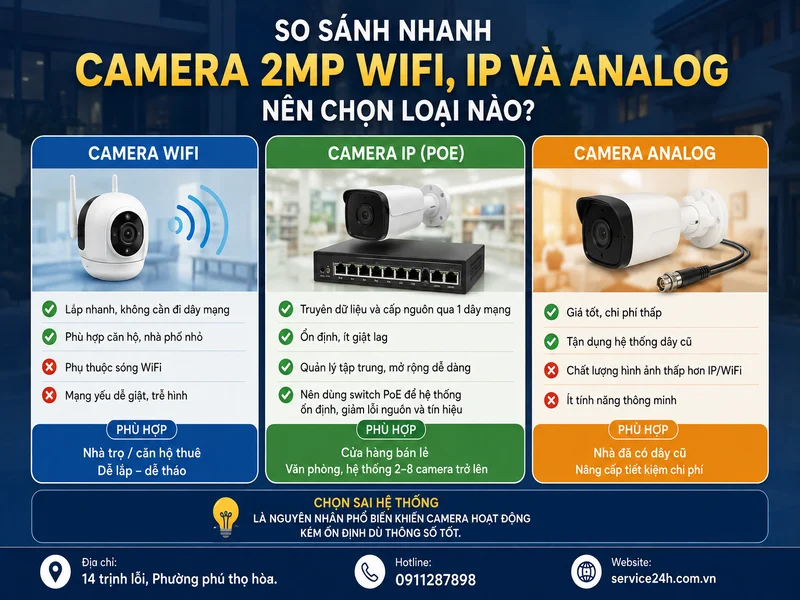 So sánh nhanh: Camera 2MP WiFi, IP và Analog nên chọn loại nào?