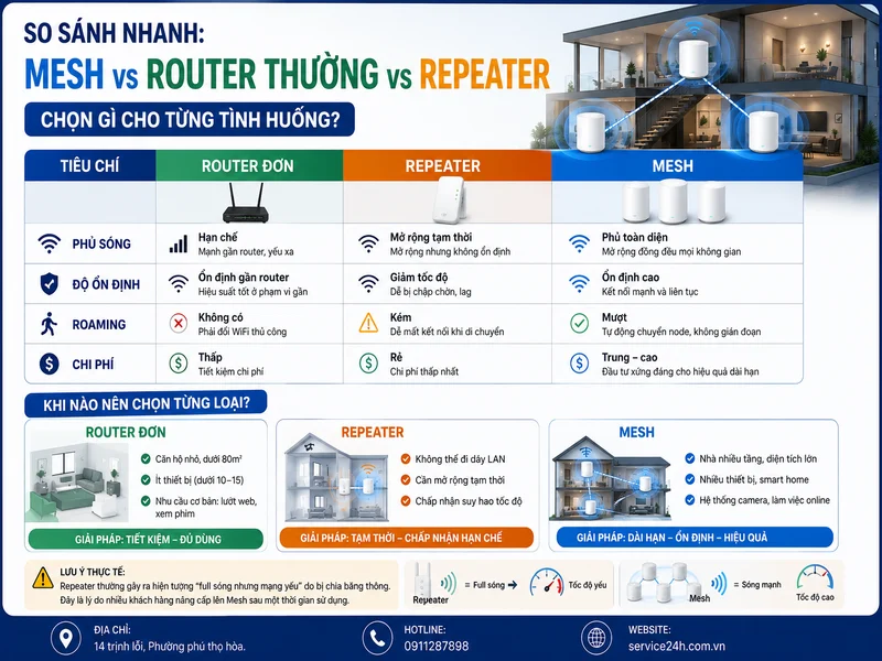 So sánh nhanh: Mesh vs Router thường vs Repeater – chọn gì cho từng tình huống?