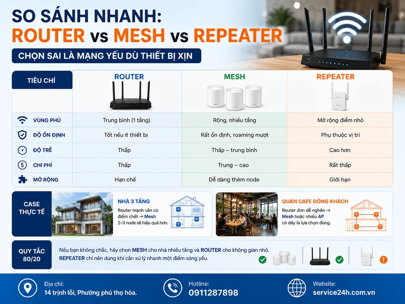 So sánh nhanh: Router vs Mesh vs Repeater – chọn sai là mạng yếu dù thiết bị xịn