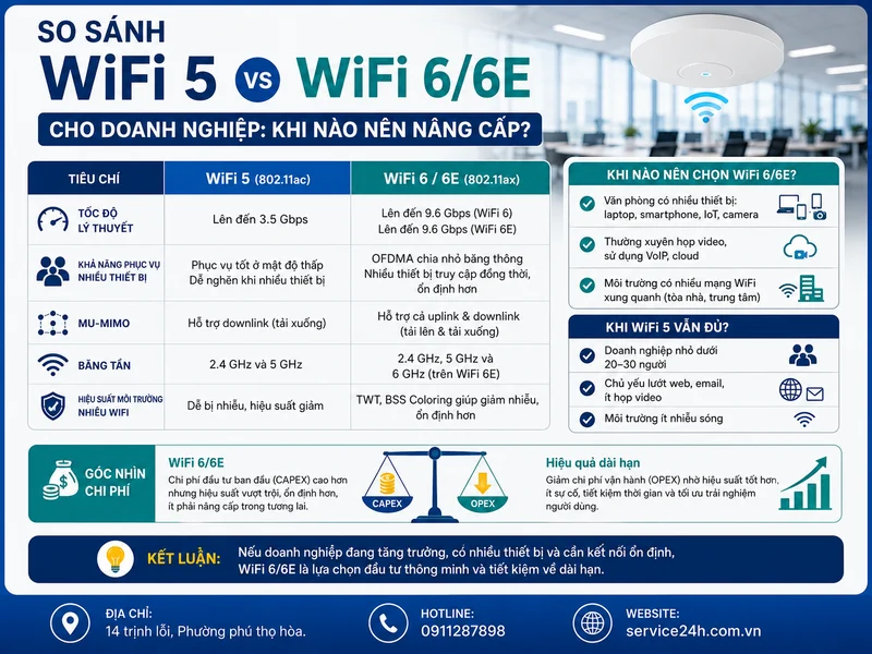 So sánh WiFi 5 vs WiFi 6/6E cho doanh nghiệp: khi nào nên nâng cấp?