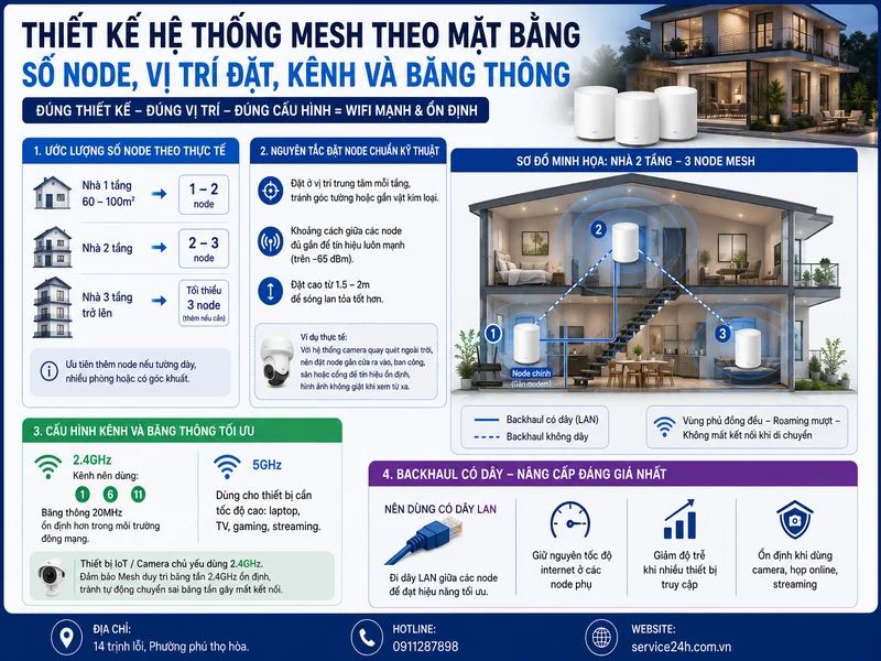 Thiết kế hệ thống Mesh theo mặt bằng: số node, vị trí đặt, kênh và băng thông