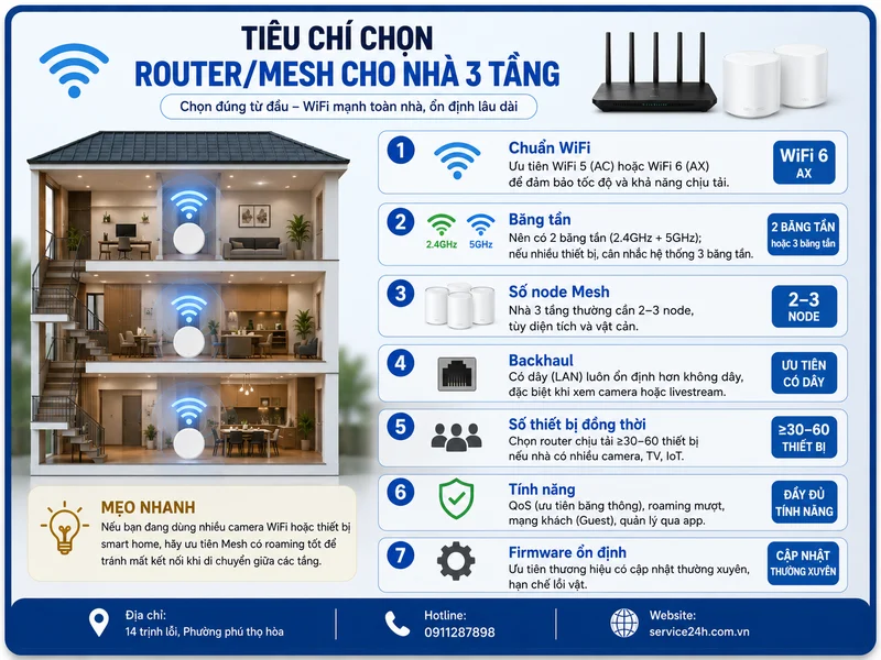 Tiêu chí chọn router/mesh cho nhà 3 tầng