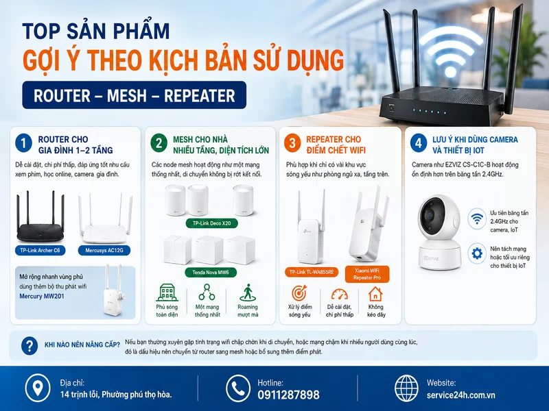Top sản phẩm gợi ý theo kịch bản sử dụng (router, mesh, repeater)