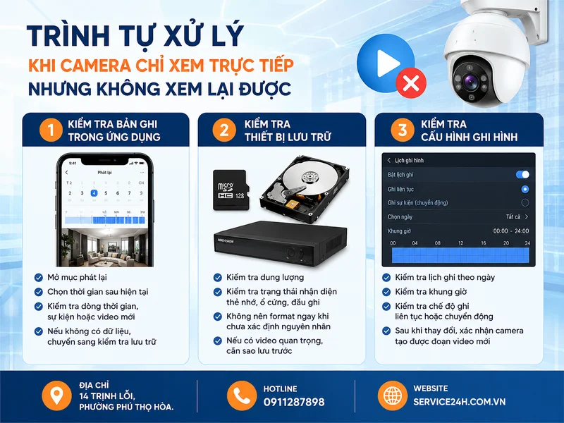 Trình tự xử lý khi camera chỉ xem trực tiếp nhưng không xem lại được