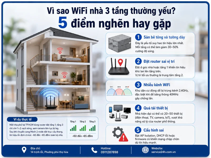 Vì sao WiFi nhà 3 tầng thường yếu? 5 điểm nghẽn hay gặp